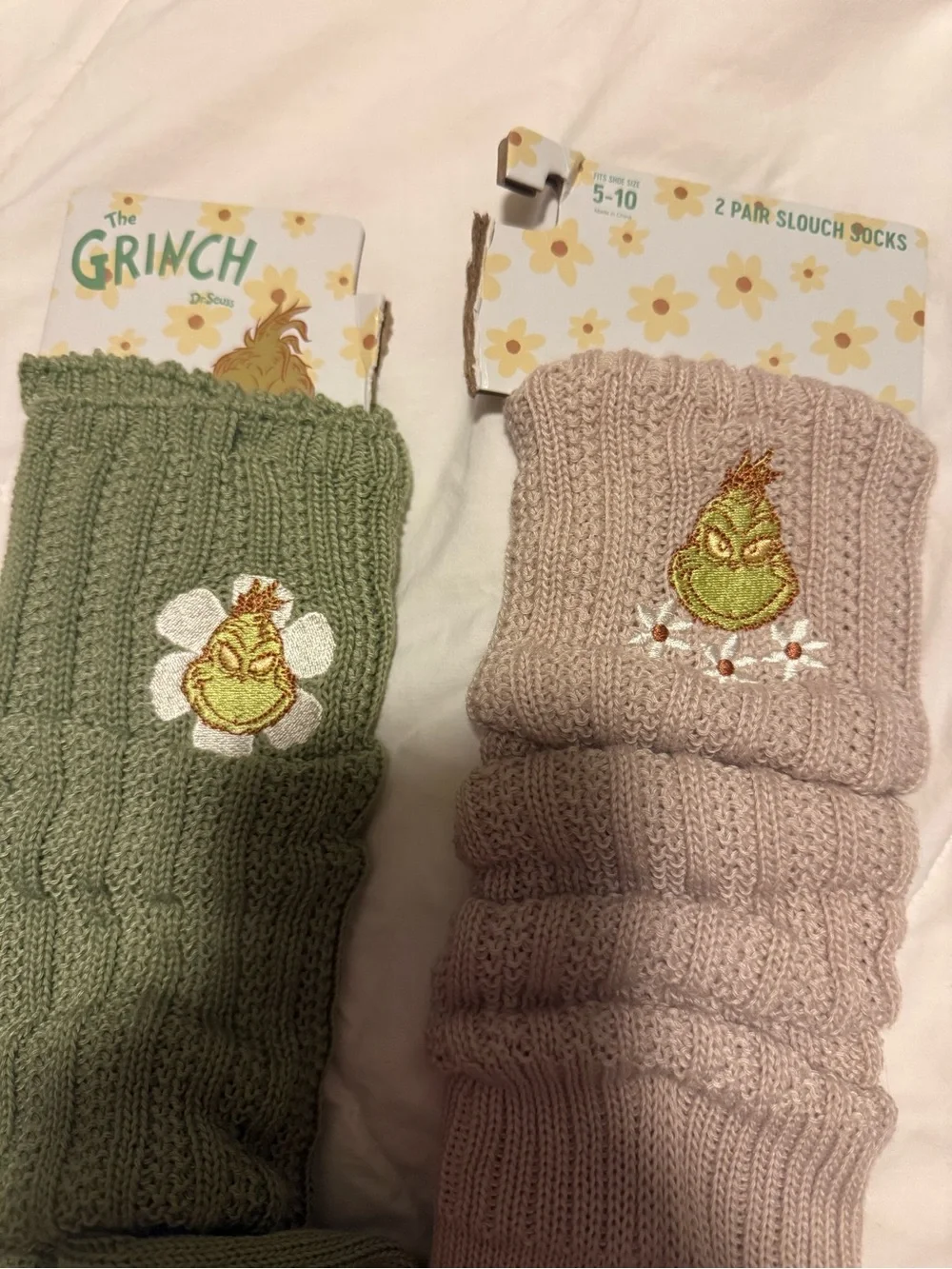 Grinch two pair Women’s  Ribbed Slouch Socks - Green and Light Pink